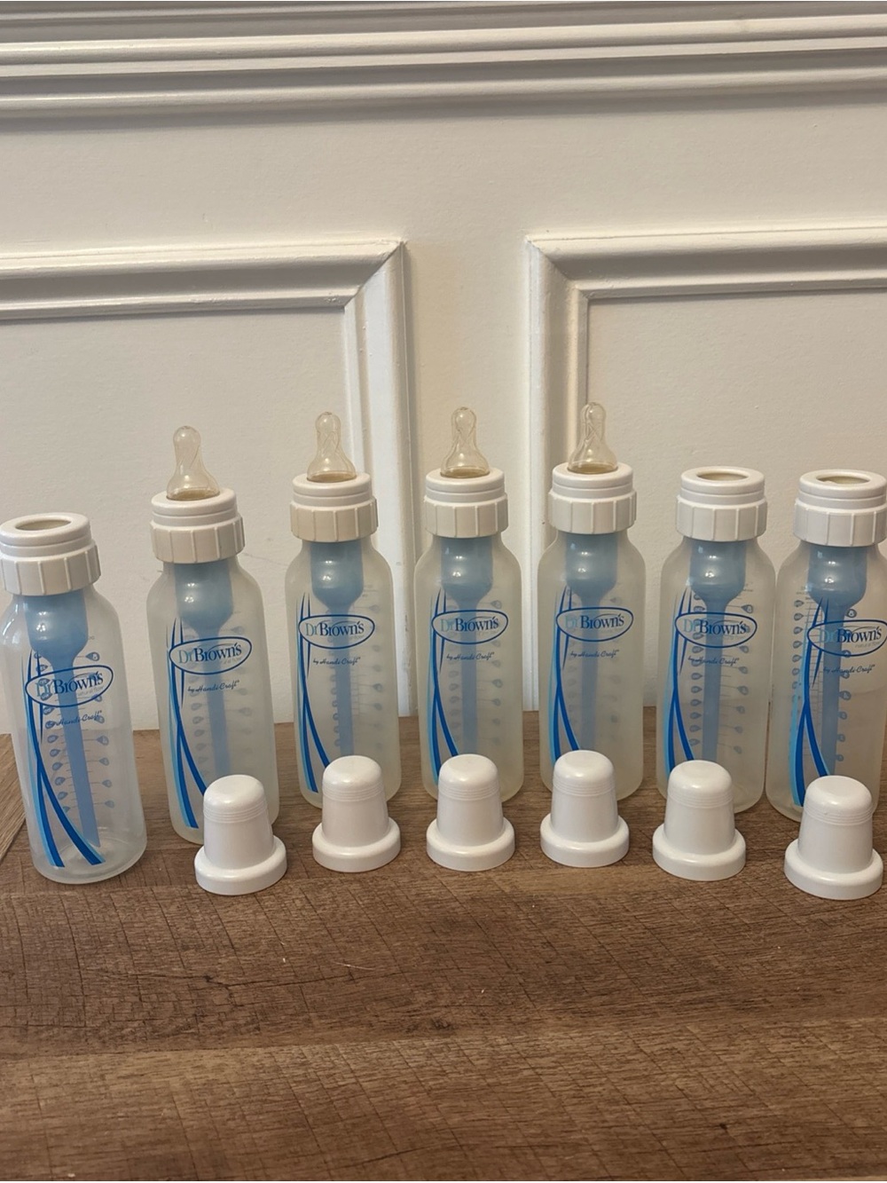 Lot of 7 Dr. Brown’s Bottles 8oz & anti-colic w/ 4 Level 2 Nipples 1 Missing Cap